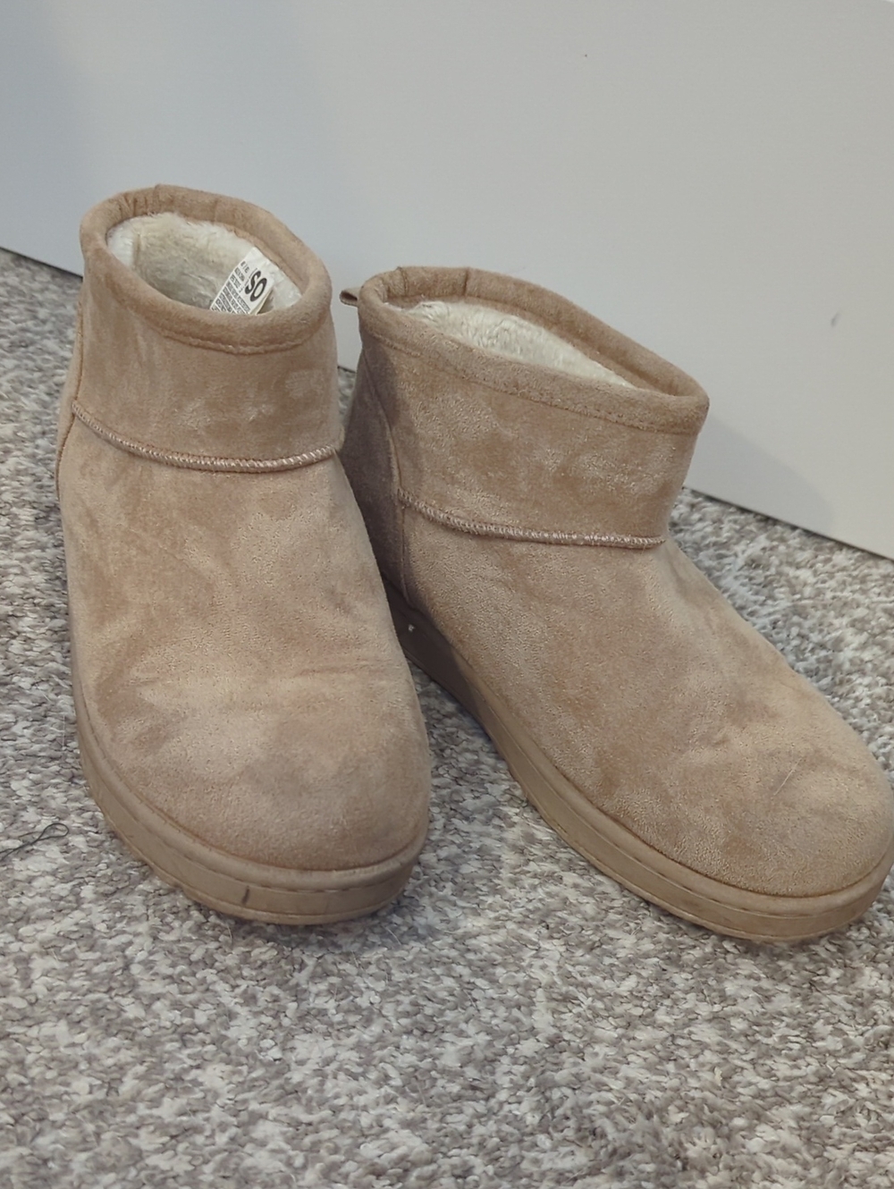 SO Women's Short Faux-Suede Slip-Ons in Taupe